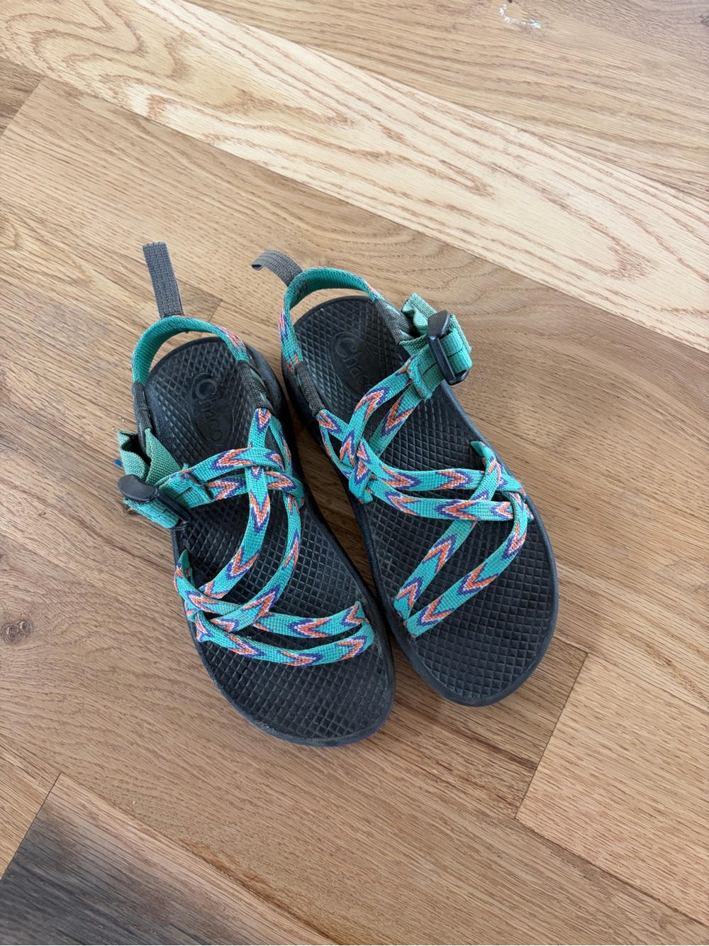 Chaco Kids Black Sandals with Teal & Coral Patterned Straps